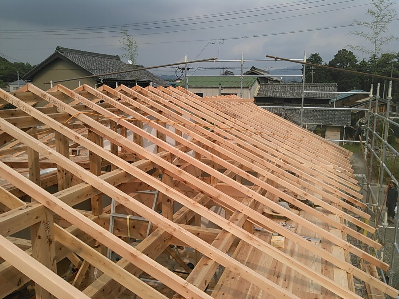 豊川市平屋建て住宅の上棟　屋根の垂木