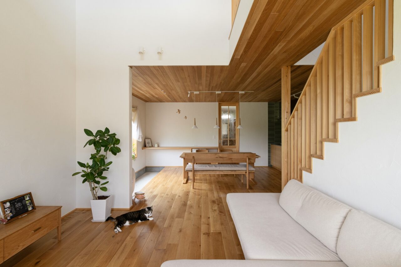 猫ちゃんも寛げる木に囲まれたリビング