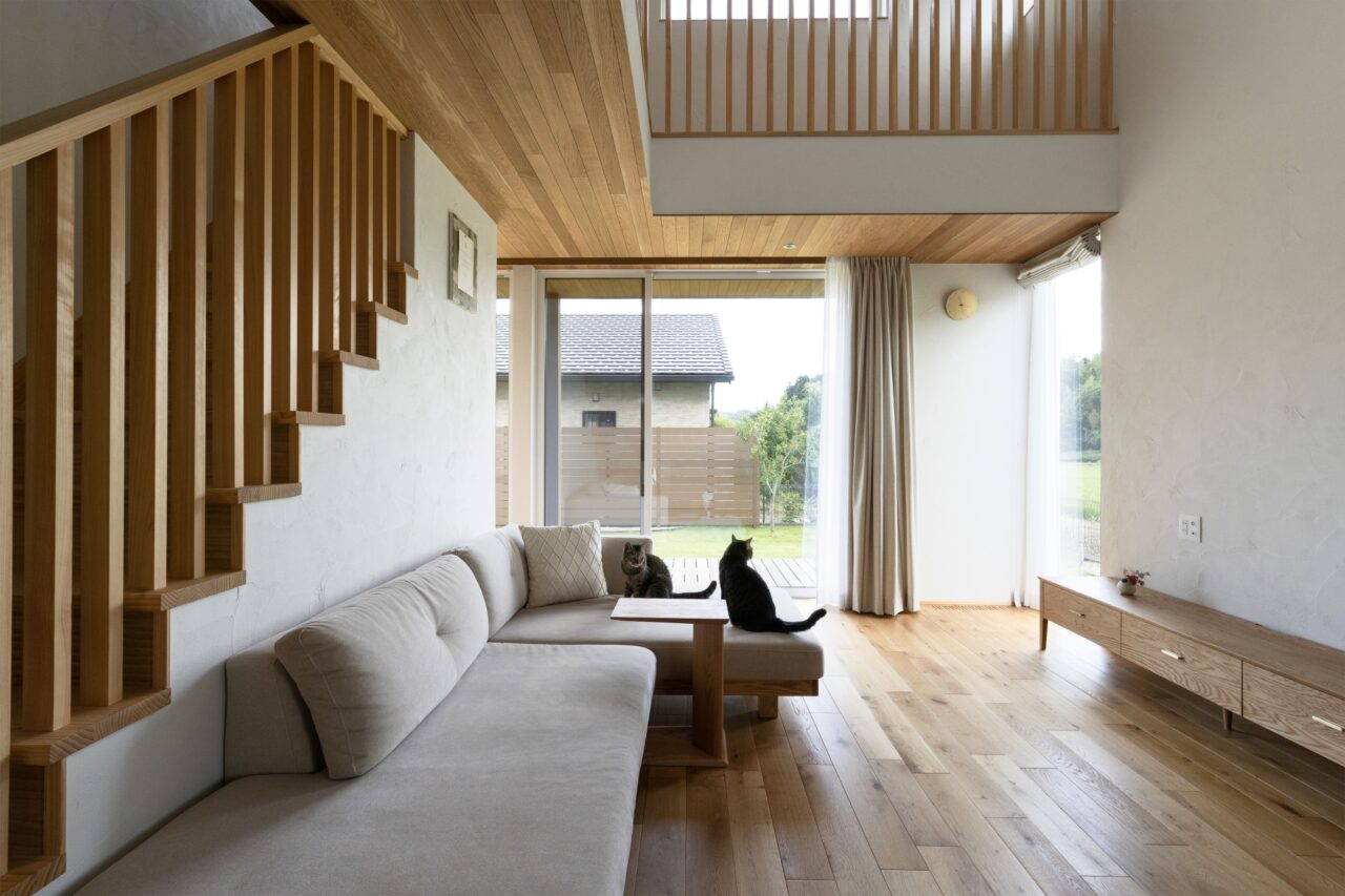 猫ちゃんの家時間も幸せになる自然素材の吹き抜けリビング